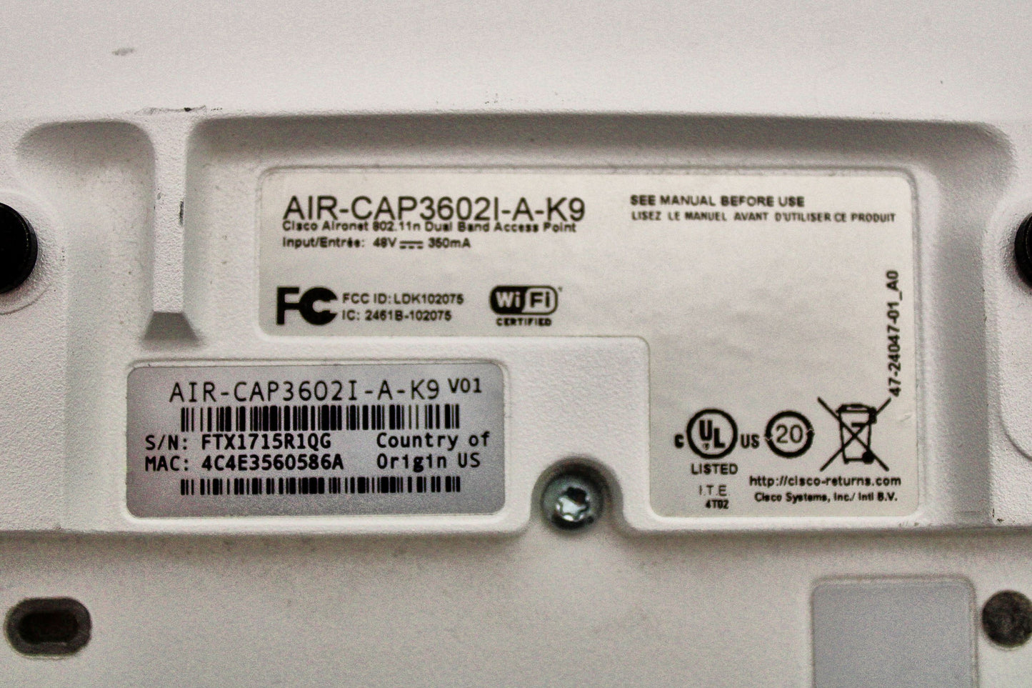 Cisco AIR-CAP3602I-A-K9_x10 Lot of 10 Aironet 3602I Wireless Access Point, Used