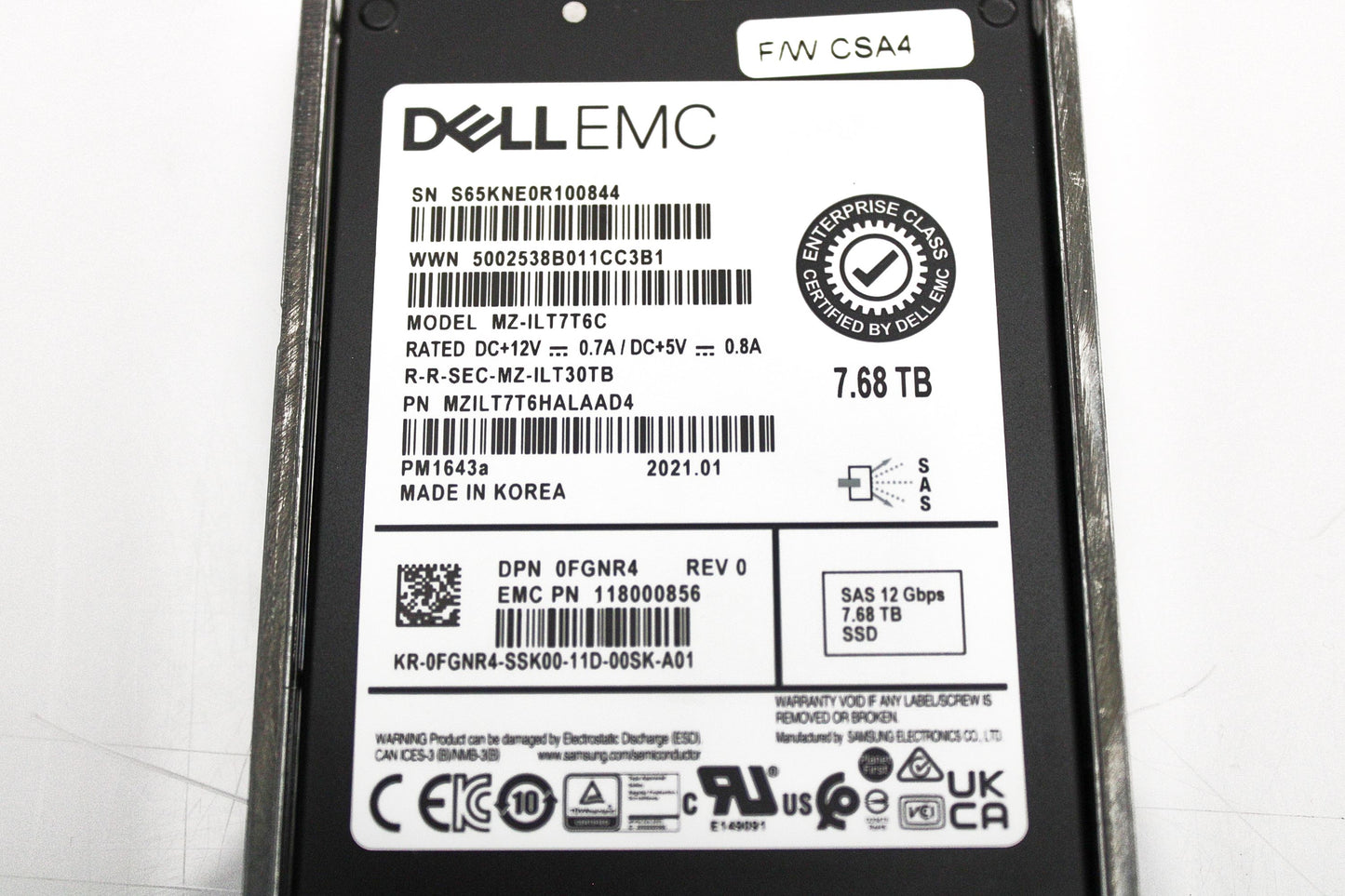 Dell FGNR4-CML 7.68TB SSD SAS 2.5 12G RI EP+ MZILT7T6HALA0D4 / MZ-ILT7T6C, Used