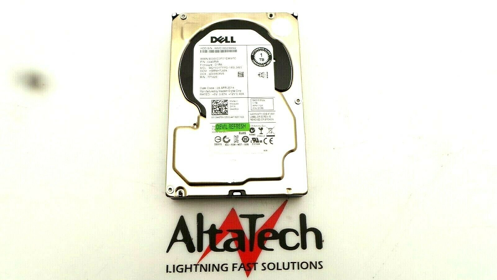Western Digital WD1001FYYG-18SL3W0 Dell 440RW 1TB 7.2K SAS 3.5" 6G Western Digital WD1001FYYG-18SL3W0 Hard Drive, Used