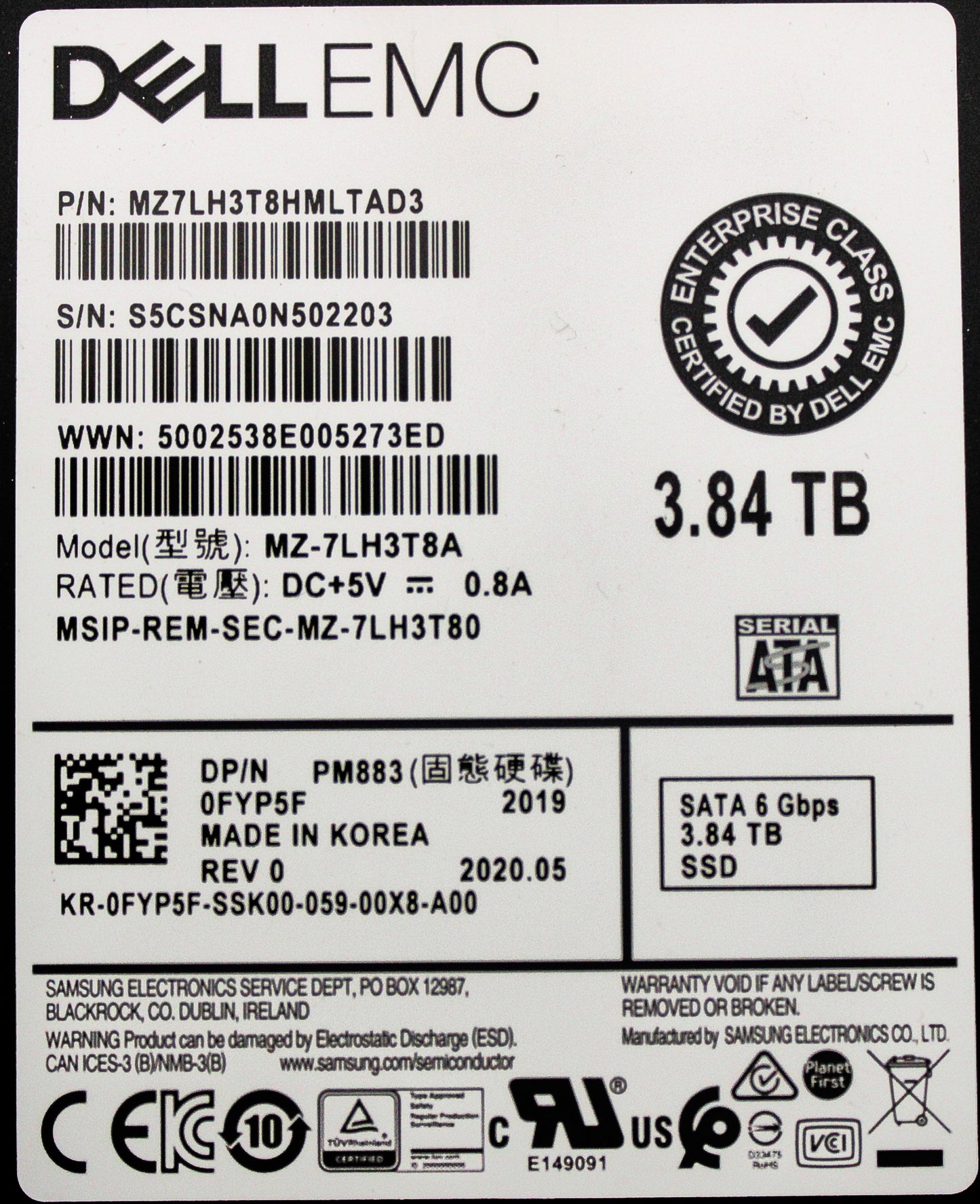 Dell 0FYP5F 3.84TB SSD SATA 2.5 6G RI PM883, Used