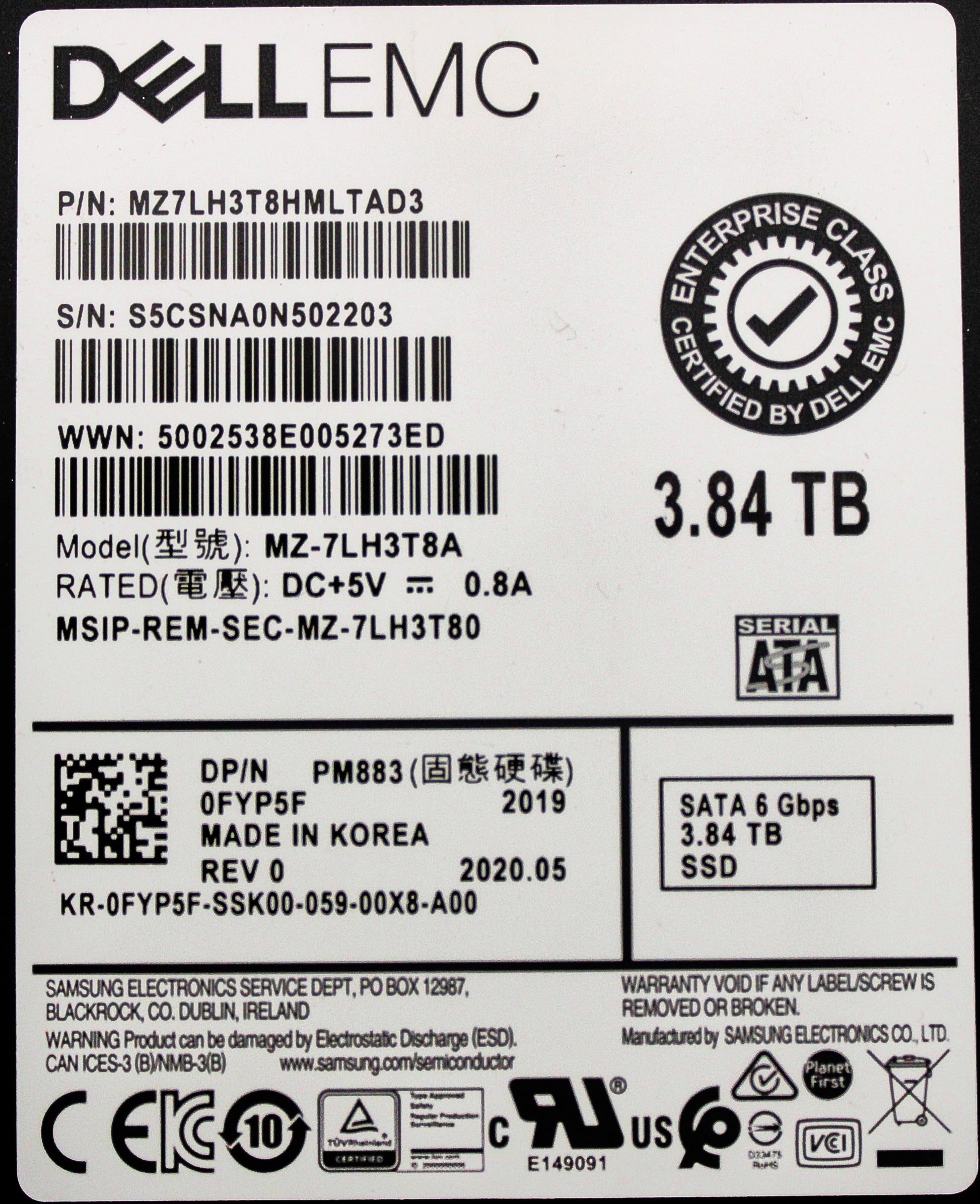 Dell 0FYP5F 3.84TB SSD SATA 2.5 6G RI PM883, Used