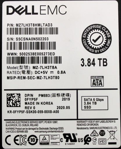 Dell 0FYP5F 3.84TB SSD SATA 2.5 6G RI PM883, Used