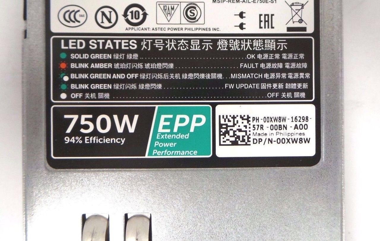 Dell 00XW8W Astec PowerEdge R730 / R630 / T430 750W Power Supply, Used