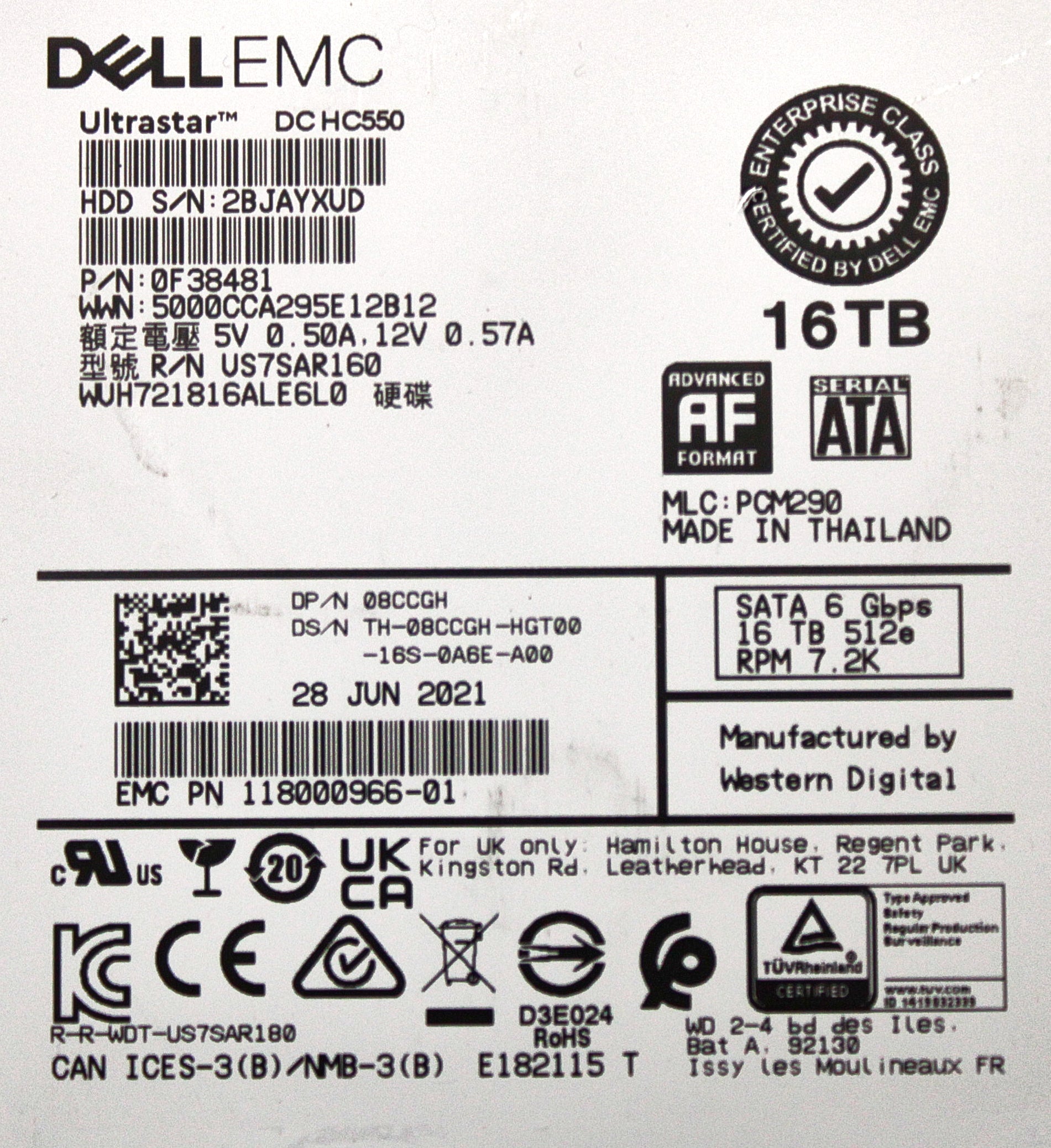 Dell 8CCGH 16TB 7.2K SATA 3.5 6G WUH721816AL6L0 / 0F38481, Used