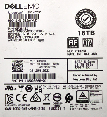 Dell 8CCGH 16TB 7.2K SATA 3.5 6G WUH721816AL6L0 / 0F38481, Used