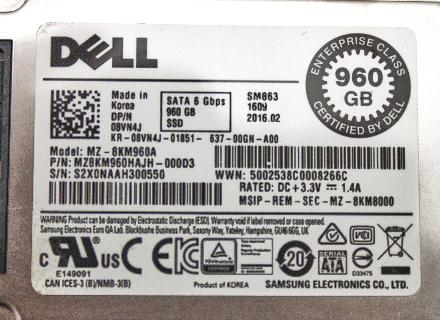 Dell 8VN4J 960GB SSD SATA 6G 1.8 MU MZ8KM960HAJH-000D3 / MZ-8KM960A, Used