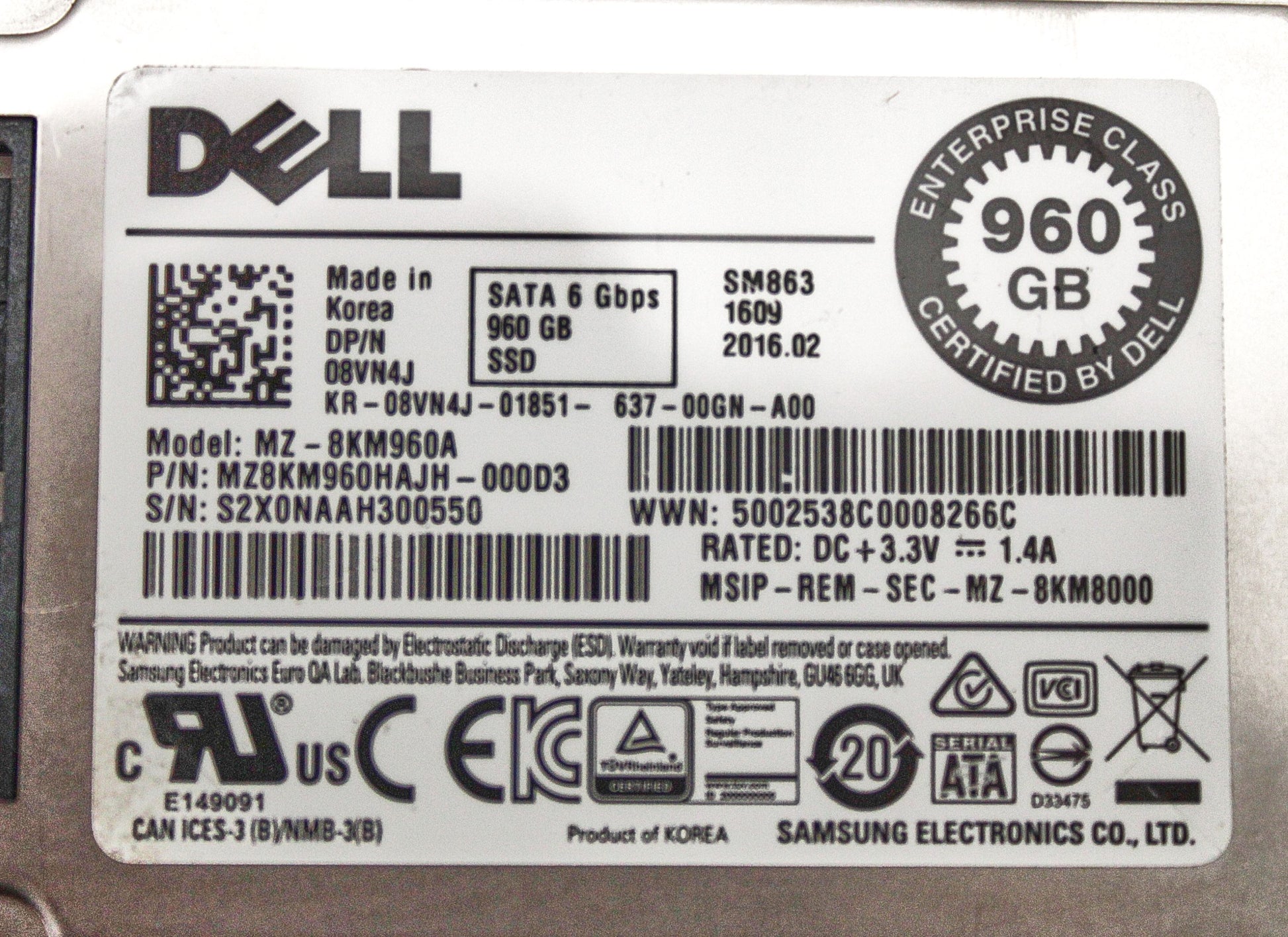 Dell 8VN4J 960GB SSD SATA 6G 1.8 MU MZ8KM960HAJH-000D3 / MZ-8KM960A, Used