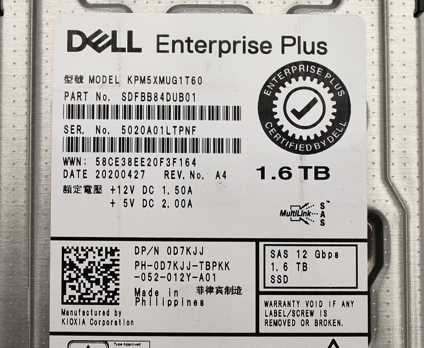 Dell D7KJJ-CML 1.6TB SSD SAS 2.5 12 WI KPM5XMUG1T60 / SDFBB84DUBB01, Used