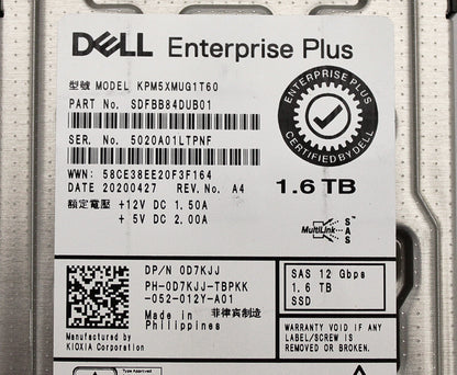 Dell D7KJJ-CML 1.6TB SSD SAS 2.5 12 WI KPM5XMUG1T60 / SDFBB84DUBB01, Used