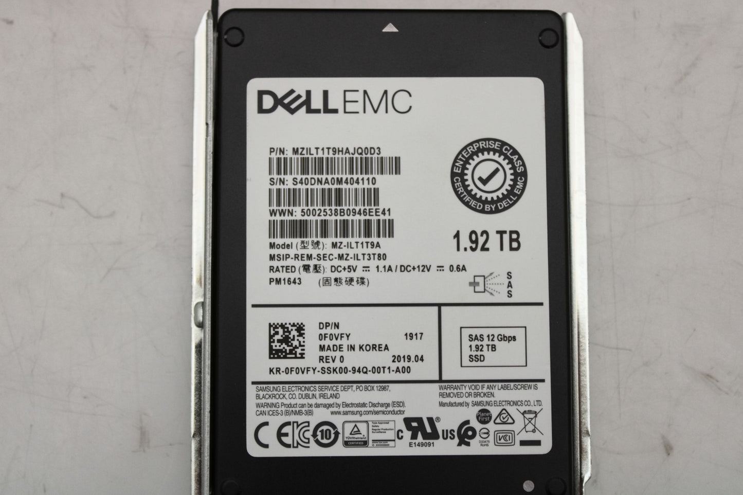 Dell F0VFY 1.92TB SSD SAS 2.5 12G RI PM1643 MZILT1T9HAJQ0D3/MZ-ILT1T9A, Used