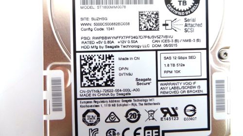 Dell 0VTN9J 1.8TB 10K SAS 2.5 12G SED, Used