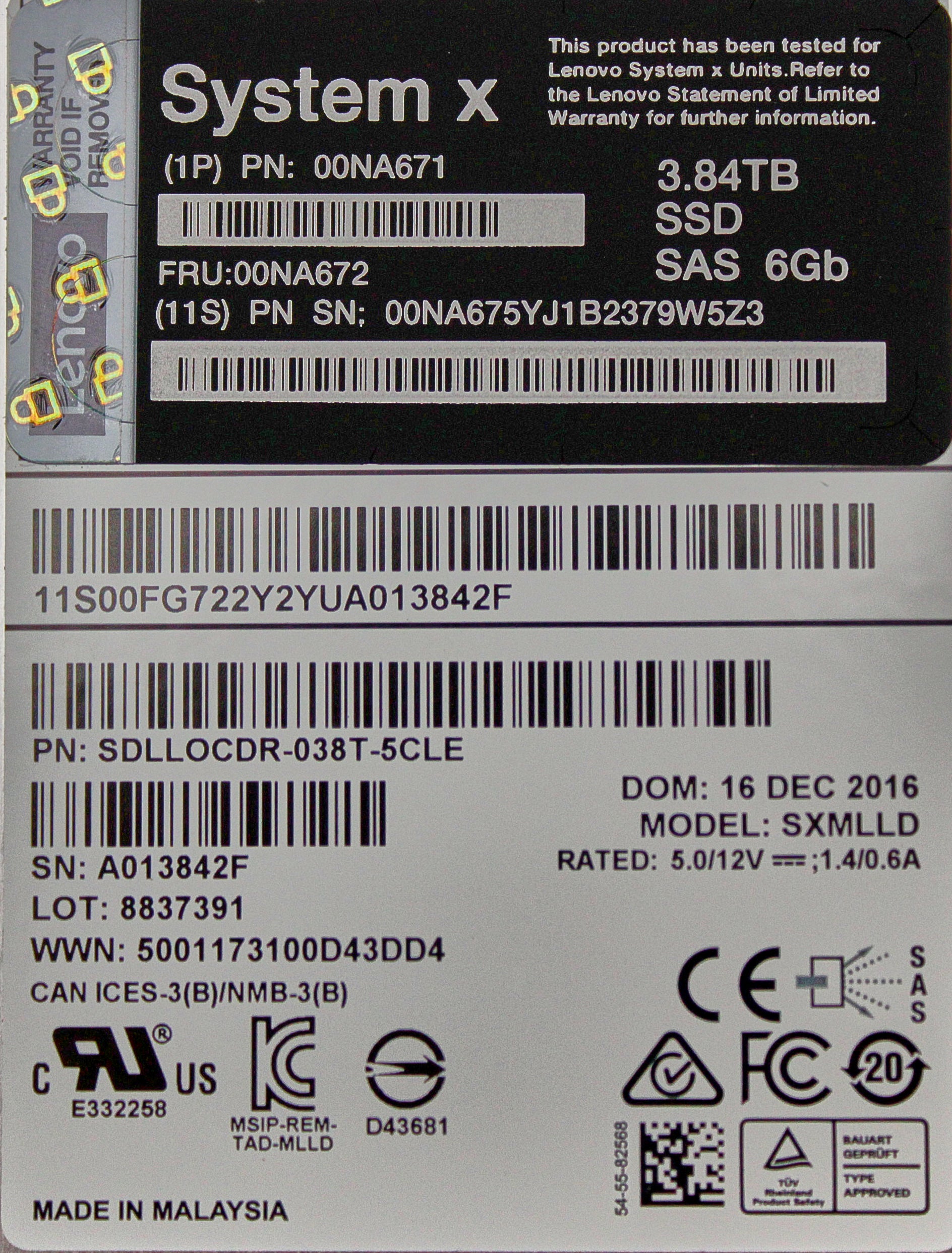 Lenovo 00NA672 LENOVO 2.5" 3.84TB SAS 6GB MLC SSD, Used