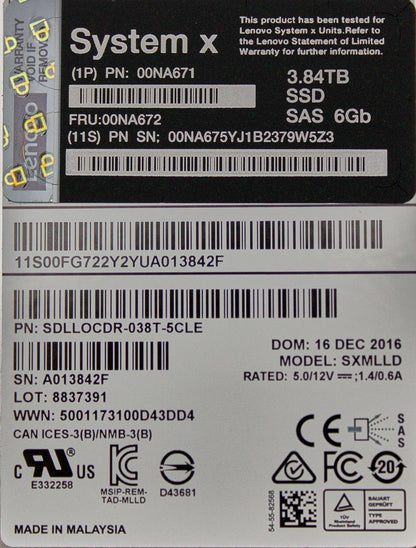 Lenovo 00NA672 LENOVO 2.5" 3.84TB SAS 6GB MLC SSD, Used