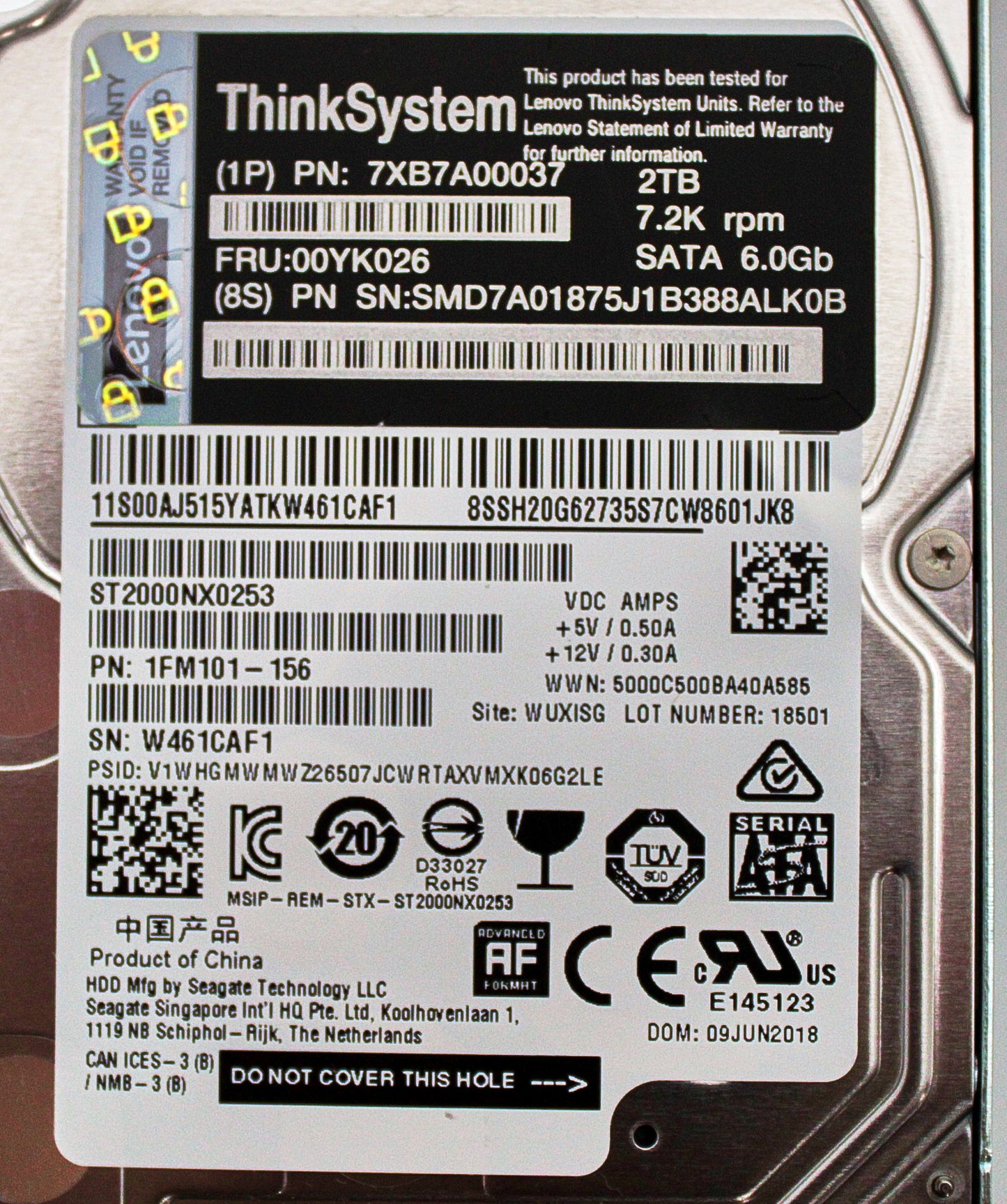 Lenovo 00YK026 2TB 7.2K SATA 2.5" HDD, Used