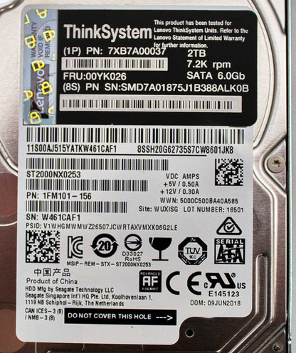 Lenovo 00YK026 2TB 7.2K SATA 2.5" HDD, Used